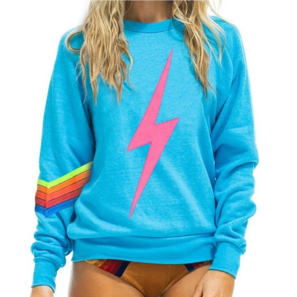 Aviator Nation Lighting Bolt Sweatshirt Pullover Long Sleeve Crew Neck Blue Pink